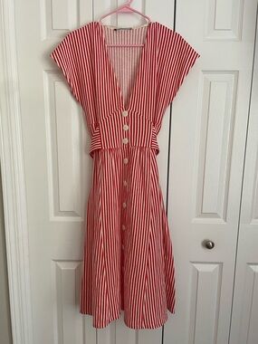 Zara Red and White Striped Button-Front Midi Dress